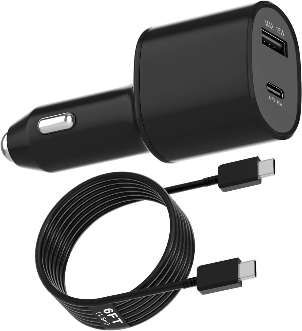 Super Fast Dual Car Charger (45W+15W) Dual Ports USB-C & USB-A White 6.6ft Cable for Samsung S25 S24 S23 S22- Black