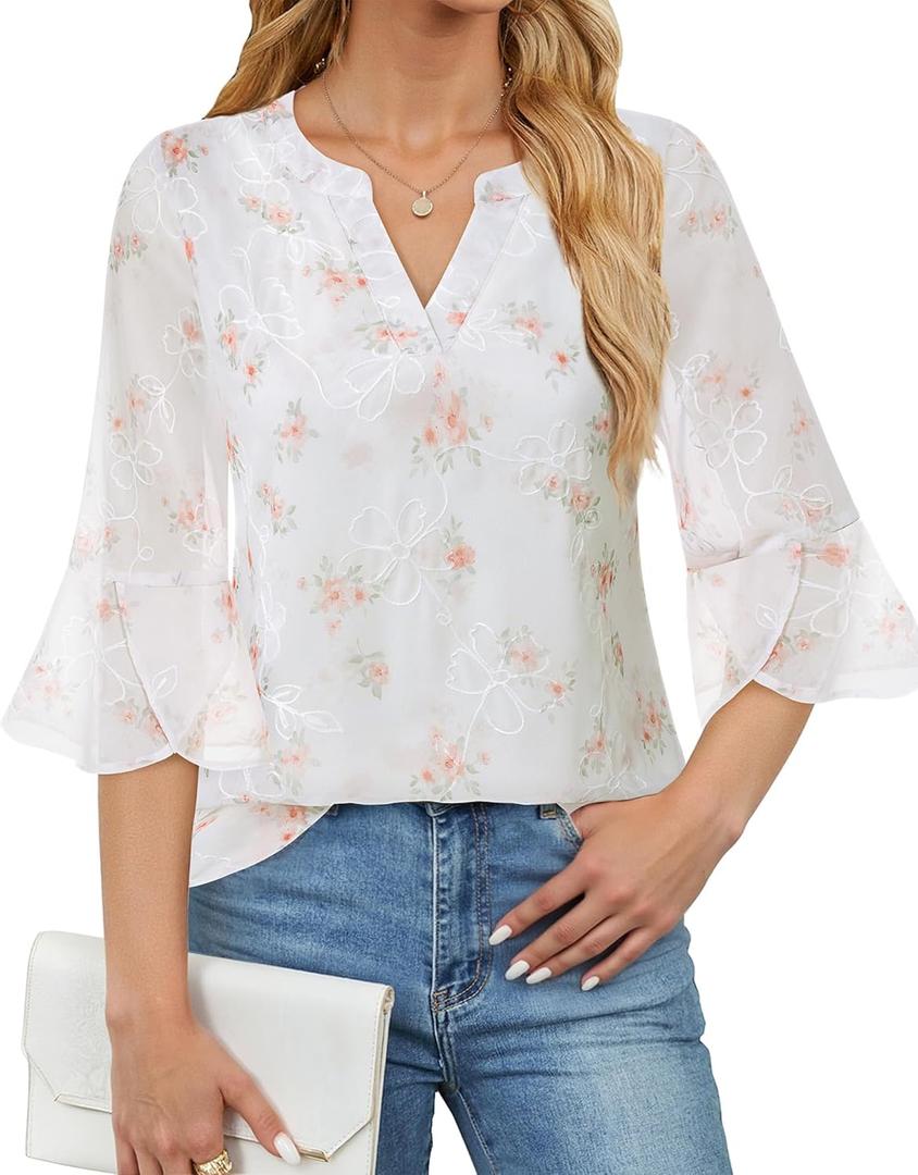 VALOLIA Womens 3/4 Sleeve Tops Dressy Casual Chiffon Blouses Floral Print V-Neck Work Office Shirts (M, Tangerine Embroidery)