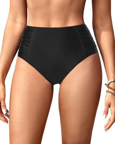 Tempt Me Women High Waisted Bikini Bottoms Full Coverage Swimsuit Bottoms Ruched Bathing Suit Bottom, L