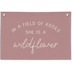 Girls Room Decor, Wildflower Nursery Decor, In a Field Full of Roses She Is a Wildflower Banner, Pink Linen Banner Flag Decor for Little Girl Baby Girl, Girls Room Wall Decor Canvas Banner
