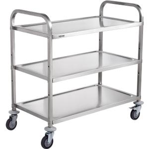 VEVOR Kitchen Utility Cart, 37.5"x19.7"x37.7" 3 Tiers Wire Rolling Cart, 450LBS Capacity Steel Service Cart with Brake Wheels, Storage Trolley with 80mm Basket PP Liner 6 Hooks, Indoor & Outdoor Use (Silver)