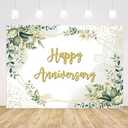 7x5ft Greenery Theme Happy Anniversary Backdrop Green Leaves Gold Glitter Wedding Photography Background for Couples Anniversary Wedding Party Engagement Decorations