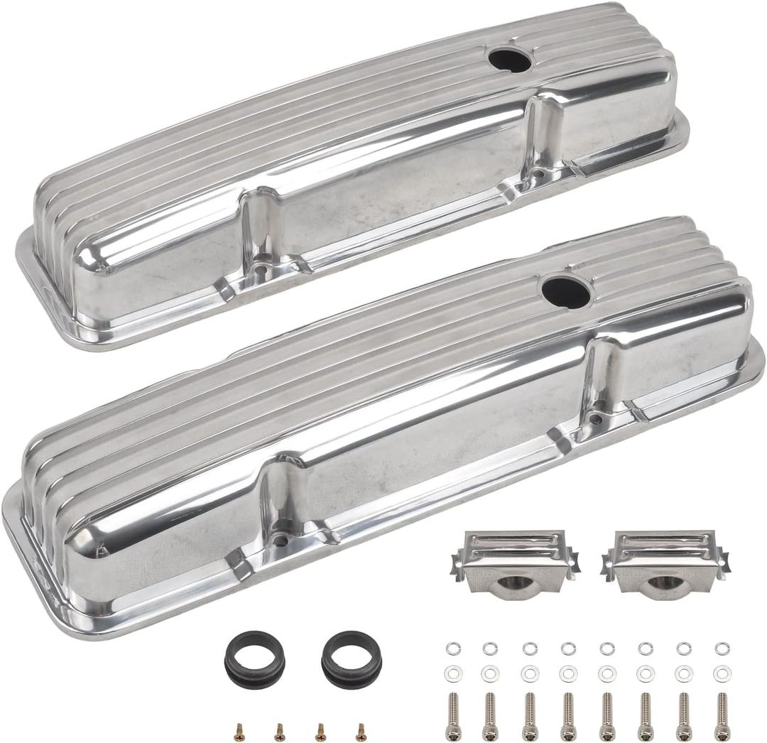 Aluminum Valve Covers with Holes Retro Finned Polished Compatible with 58-86 Small Block Chevy SBC Engines 283 305 327 350 400