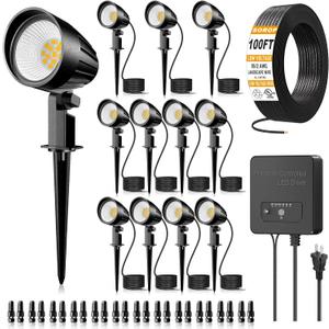 12W Landscape Lighting Kit, Low Voltage Landscape Lights with Transformer 100FT UL-Listed Wire & Connectors, 2700K Waterproof Outdoor Spot Lights for Yard House Tree 12V-24V, 12 Pack