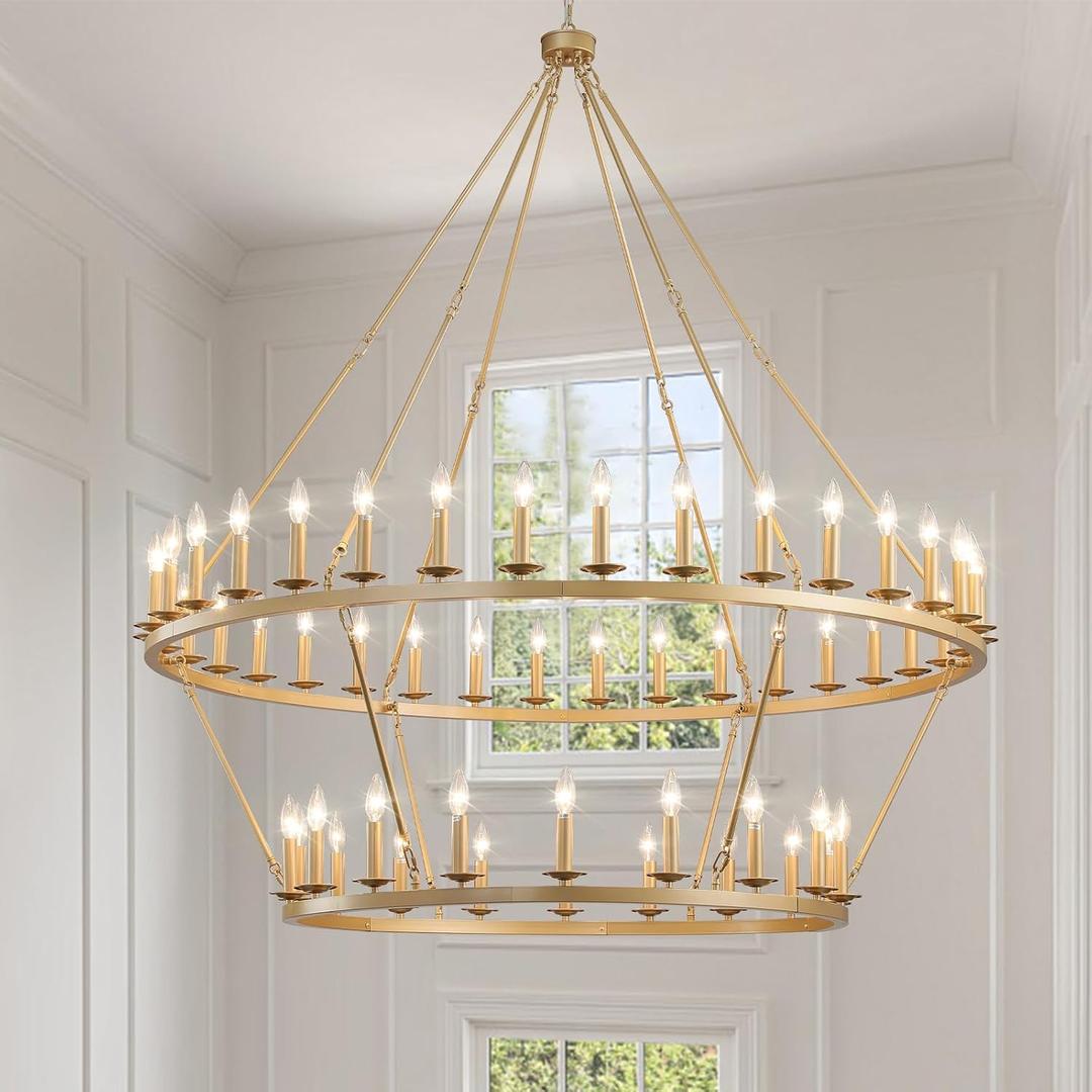 Gold Wagon Wheel Chandelier 2 Tier 60-Inch 54-Light,Extra Large Circle Rustic Farmhouse Light Fixture,Round Metal Chandeliers for Foyer Entryway Dining Room Living Room High Ceilings