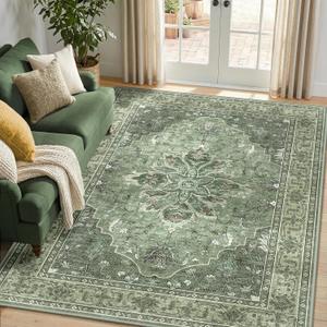 RELEANY Area Rugs 5'x8' Washable Non-Slip, Floral Vintage Distress Medallion Carpet for Living Room Bedroom Dining Room, Dark Green Gray