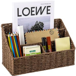 Woven Mail Organizer, Mail Organizer Countertop, Natural Tabletop Mail Holder, Rattan Desk Organizer, Boho Office Desk Accessories, Mail Basket for Bill Mail Papers Letters(Brown)