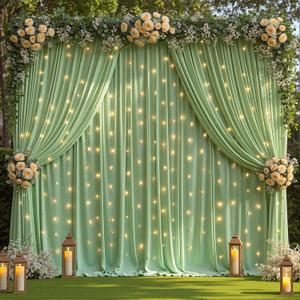 10 x 10ft Sage Green Backdrop Curtains with Lights String Green Polyester Photo Drapes Wrinkle Free Curtains Backdrop for Birthday Parties Wedding Reception Baby Shower Ceremony-5 x 10ft x 2P