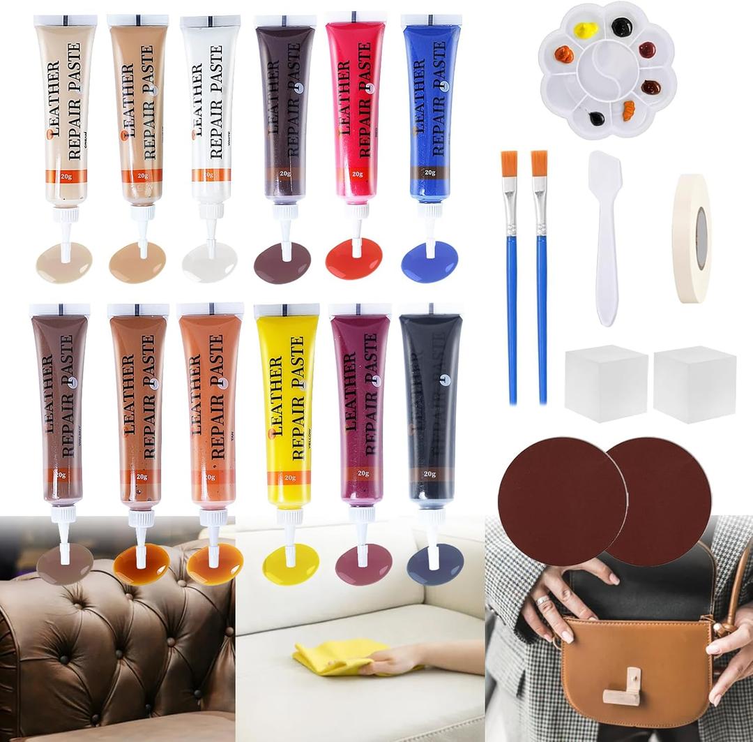 12 Colors Vinyl Repair Kit Leather Repair Kit for Scratch, Tears Sofa, Jacket, Car Seats and Purse Easy Application with Customizable Colors Leather Repair Kit for Furniture