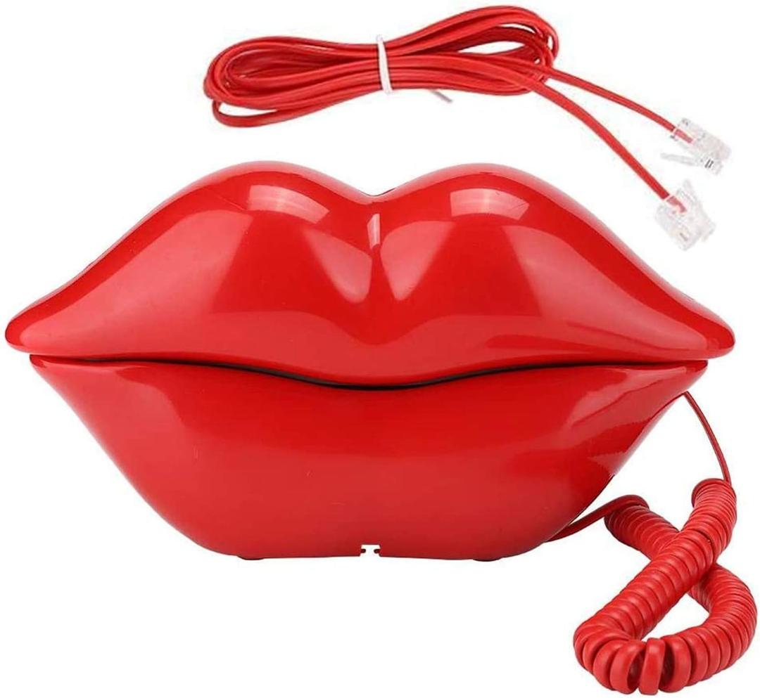 Lip Telephone, Advanced Home Telephone, Interesting Mouth Lip-Shaped Telephone, Electroplating Wire Phone Home Decoration, for Families House Phone (Red)