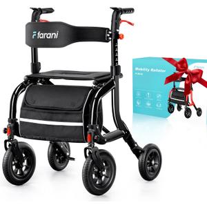 Farani Rollator Walker with Seat, Outdoor Rolling Walkers for Seniors - 10" Large All Terrain Rubber Wheels, Padded Seat and Backrest, Ergonomic Handles, Comfort on Grass (2025 Black)