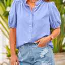 PRETTYGARDEN Women's 2026 Summer Button Down Shirts Short Lantern Sleeve V Neck Cotton Cute Tops Dressy Casual Blouses (L)