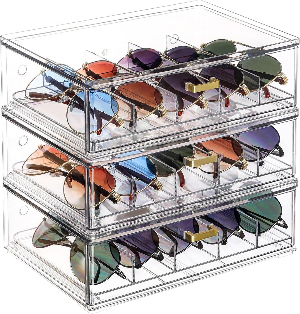 LALOBLUE Clear Acrylic Sunglasses Organizer, Stackable Eyewear Storage with Gold Handles, Display Box for Closet or Vanity