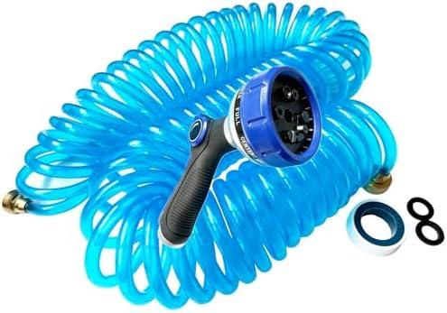 Recoiled Garden Water Hose 3/8"ID x 50ft Premium Water Nozzle Sprayer 10 Adjustable Patterns With 3/4"Inch Brass Fittings Retractable, Non-Kinking Outdoor Patio Hose Marine & Boat, Blue(50')