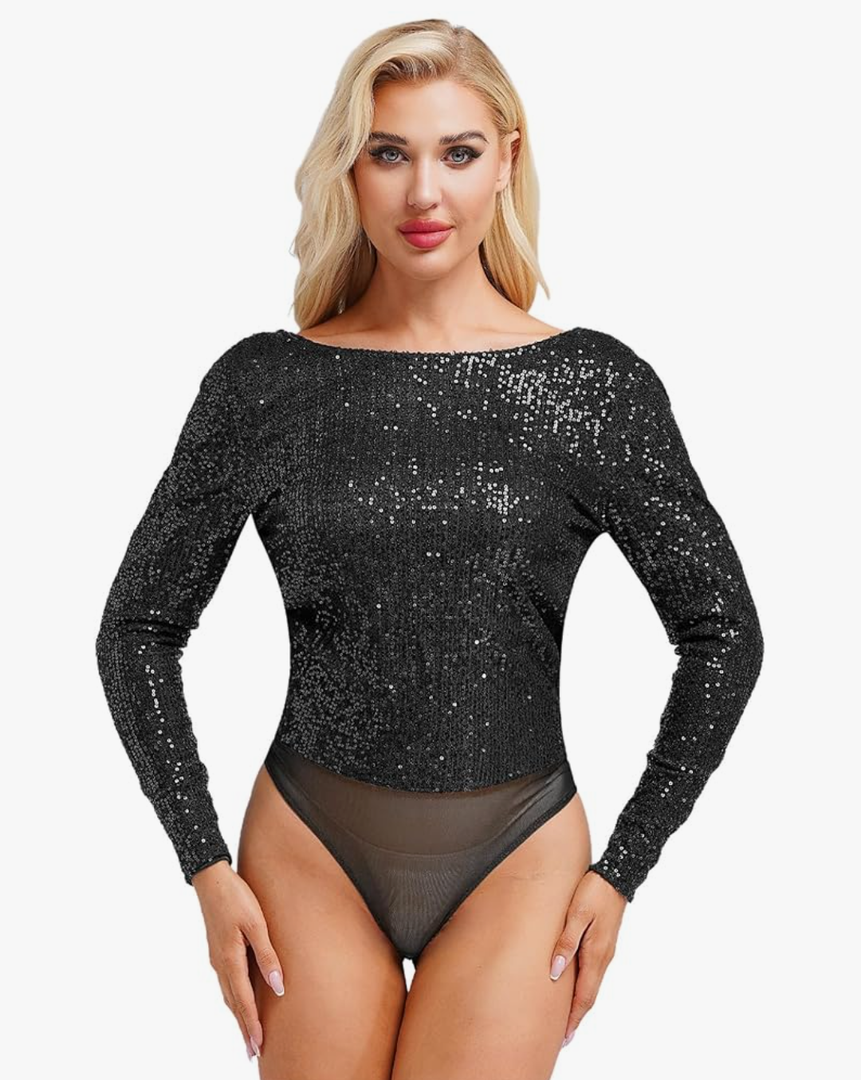 Women's Long Sleeve Round Neck Sequin Jumpsuit with Draped Cowl Back Bodysuit Detail for Date Night L