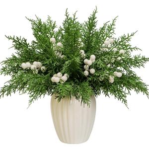 40Pcs Christmas 3D Artificial Pine Branches and Holly Berry Picks, 12.6 Inch Real Touch Faux Cedar Stems Fake Foliage Greenery Sprigs for Vase DIY Crafts Wreath Garland Holiday Decor (White Berry)