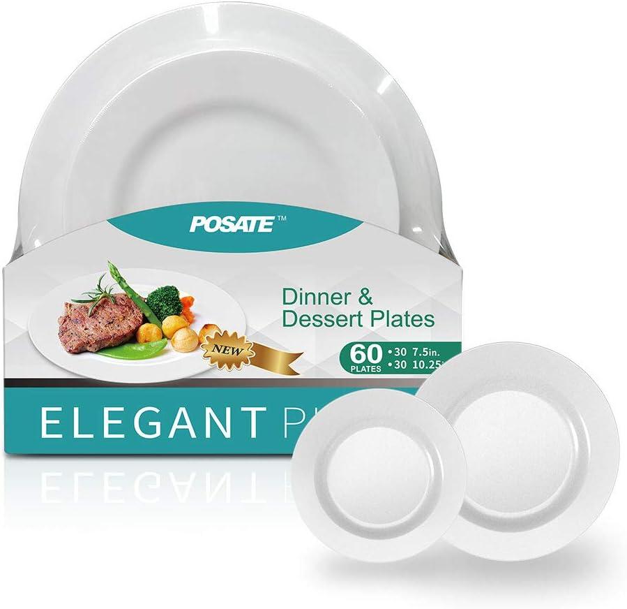 POSATE 60PCS White Disposable Plastic Plates, Heavy Duty Plates for Wedding/Party, 30PCS Dinner Plates 10.25 and 30PCS Dessert/Salad Plates 7.5, White Plates for Party Event