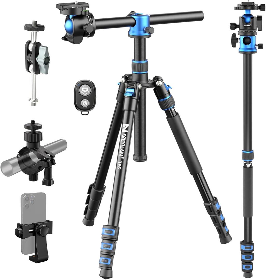 WEYLLAN TP6 Tripod for Camera, 67'' Aluminum Horizontal Overhead Tripod & Monopod 2in1 with 36mm Ball Head, Phone Mount, Remote Control, Magic Arm for DSLR Camera Camcorder iPhone, Max Load 22lbs/10kg