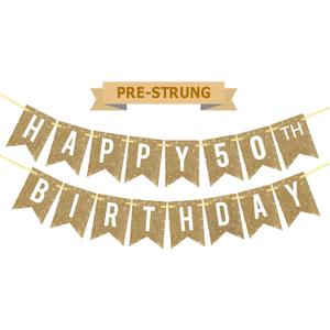 Netnology Pre-Strung Gold Happy 50th Birthday Banner Decorations,12 ft No DIY Gold Glitter 50th Birthday Party Banner Sign Decor for Women Men Girl Boy Party Supplies