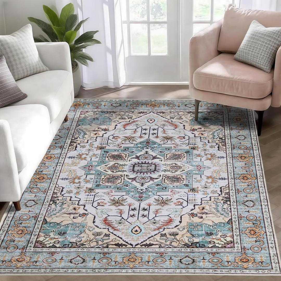 WILLSUN Washable Area Rugs, 4x6 Non-Slip Boho Large Area Rugs for Living Room, Bedroom, Machine Washable Vintage Rug, Indoor Floral Print Carpet for Home Decor, Kid & Pet Friendly Mat (Beige/Light Blue)