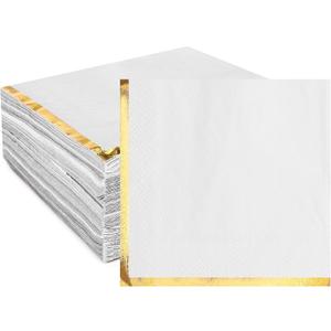 Fulmoon 100 Pack 2 Ply Cocktail Napkins Paper Gold Foil Trim Edge Beverage Dessert Disposable Paper Napkins Dinner Baby Shower Wedding Birthday Party Tableware Decorations, 5 x 5 Inches(White)
