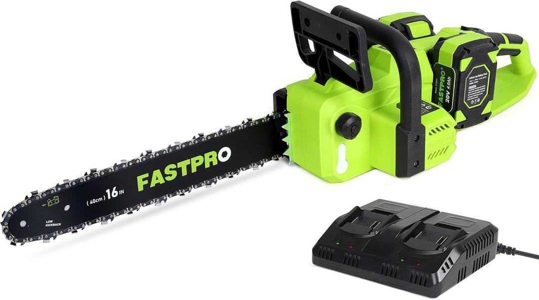 FASTPRO 40V 16-inch Cordless Chainsaw, Brushless Chain Saw Kit with 2 Batteries (4.0Ah) and Charger Base, For Wood Cutting & Trimming