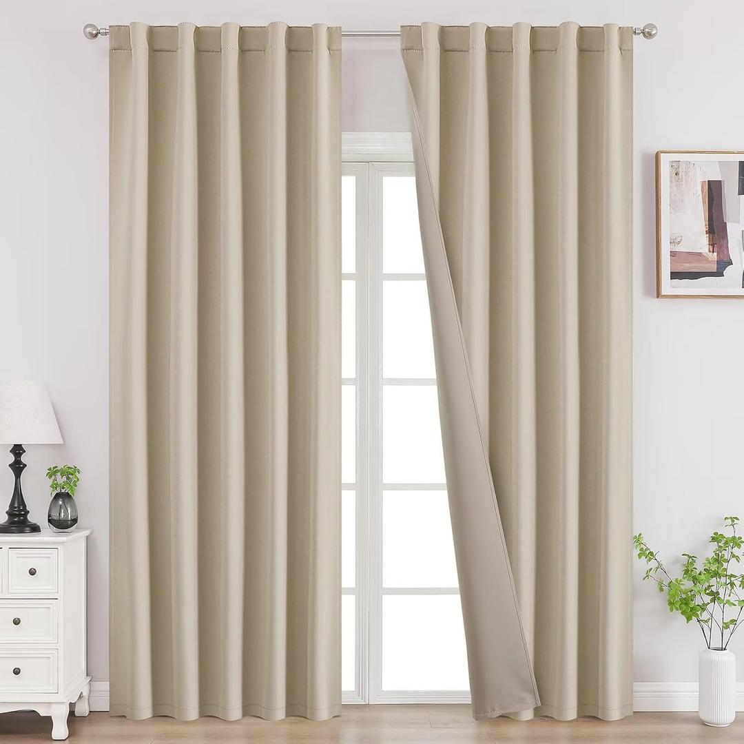 Joydeco Blackout Curtains 96 Inches Long, Thermal Insulated Black Out Curtains 2 Panels Set for Bedroom, Room Darkening Drapes for Living Room Window (W52 x L96 Inch, Light Beige)
