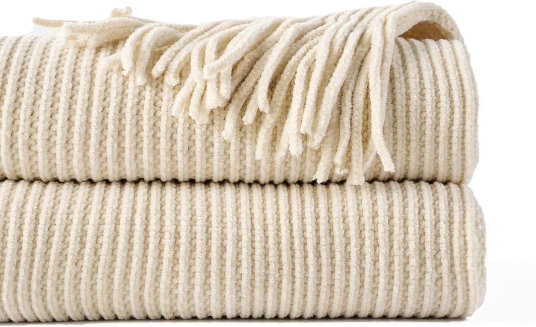 BATTILO HOME Beige Throw Blanket for Couch, Soft Chenille Knit Throws with Tassels for Home Decor, White Cream Throws for Bed Couch Cover, 60"x80"