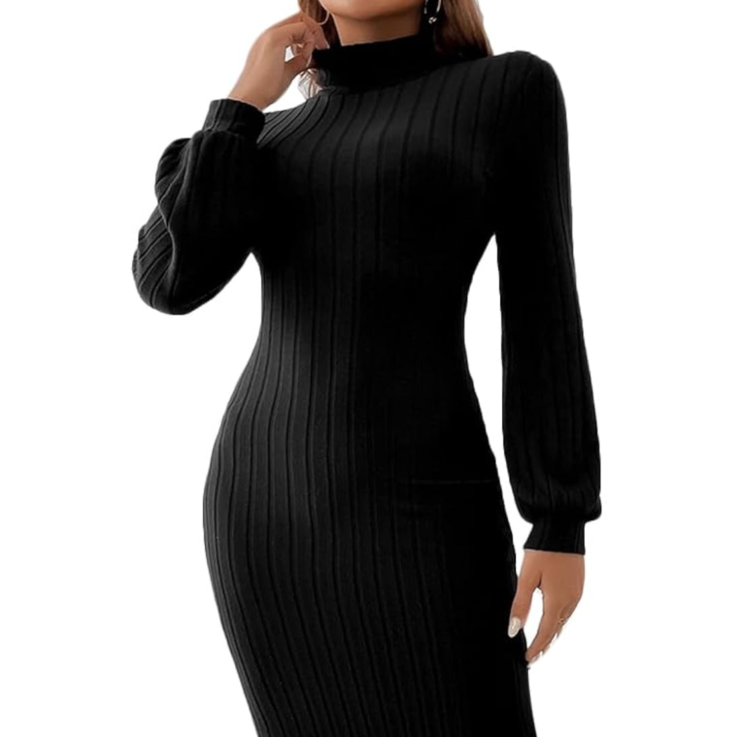 Women's Casual Bodycon Long Sleeved High Neck Solid Color Knitted Waist Up Dress M