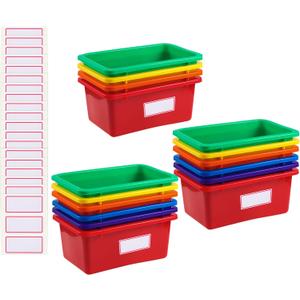 Outus 16 Pcs Plastic Cubby Bins Bulk for Classroom Organization Small Stackable Book Bins Toy Storage Tubs Organizer Container Box with 120 Self Adhesive Label for Library School Office Home, 6 Colors