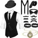 1920s Men's Accessories Gatsby Gangster Clothing Costume Halloween Cosplay Outfit with Vest Fedora Hat Pocket Watch Suspenders Tie for Man Halloween Cosplay (Medium)