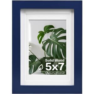 Egofine 5x7 Picture Frame Made of Solid Wood,Covered by Plexiglass Display Pictures 3.5x5/4x6 with Mat or 5x7 Without Mat for Table Top Display and Wall Mounting Photo Frame, Navy Blue