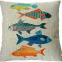 Cotton Linen Square Decorative Fashion Throw Pillow Case Cushion Cover Colorful Fish (20 X 20, Beige)