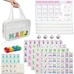 Mini Mahjong Set,American Mahjong Game Set,Complete Mahjong Tile Set with 166 White Tiles (1.2),4 Tile rulers,4 dice,1 Bag,100 Chips,5 Instruction Manuals,Mahjong Game Gift for Enthusiasts