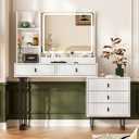 Large Vaity Desk with 3 Color Touch Screen Dimming Mirror, Vanity Desk with Charging Station, Modern Retractable Makeup Dressing Table, Vanity Table With storage shelves and 5 Sliding Drawers, White