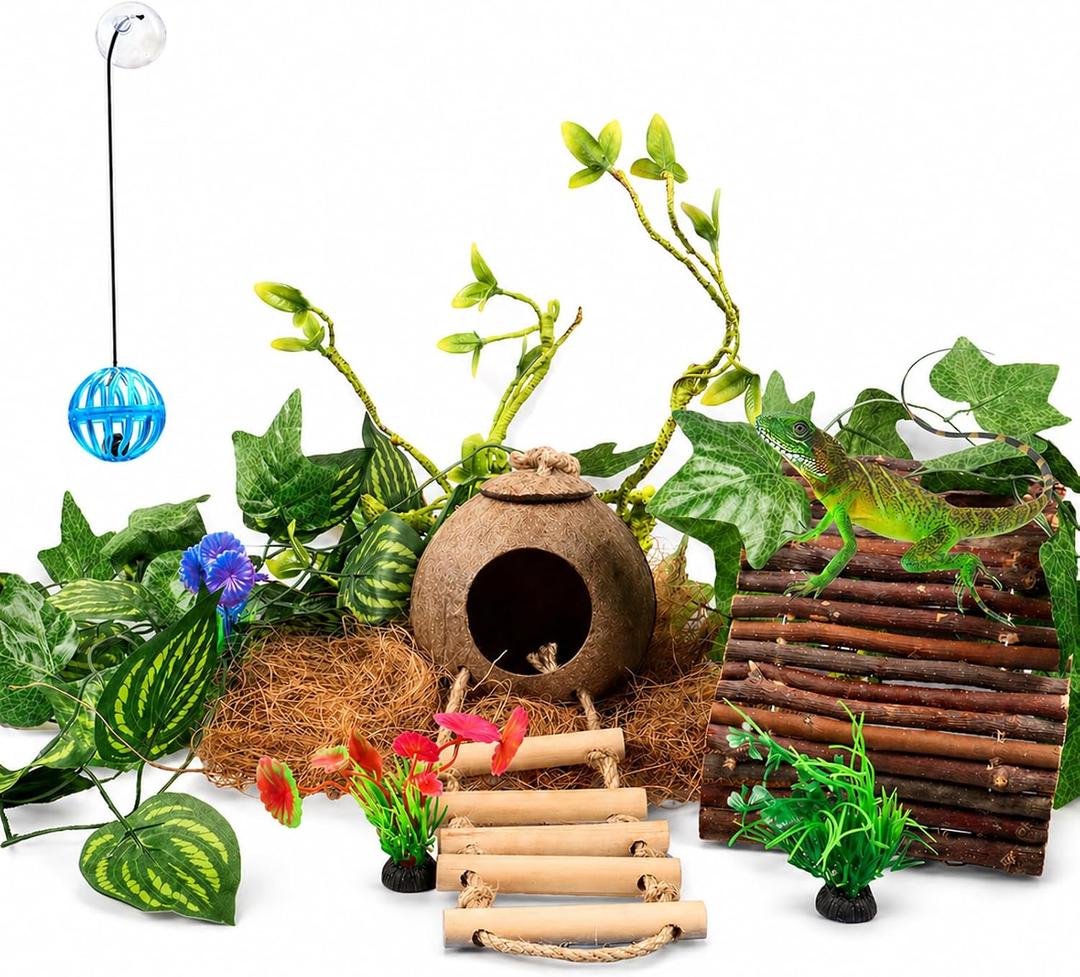 RUNANIA Crested Gecko Tank AccessoriesReptile Vines Plants with Coconut Shell Ladder Hideout Hermit Crab Decor for Leopard Gecko Bearded Dragon Lizard Chameleon Tortoise Snake