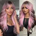 topshe Long Wavy Pink Wig for Women with Bangs, Heat Resistant Synthetic Curly Colorful Wig with Brown Roots & Tips, Layered Style for Girls Party & Cosplay Use 24 Inch