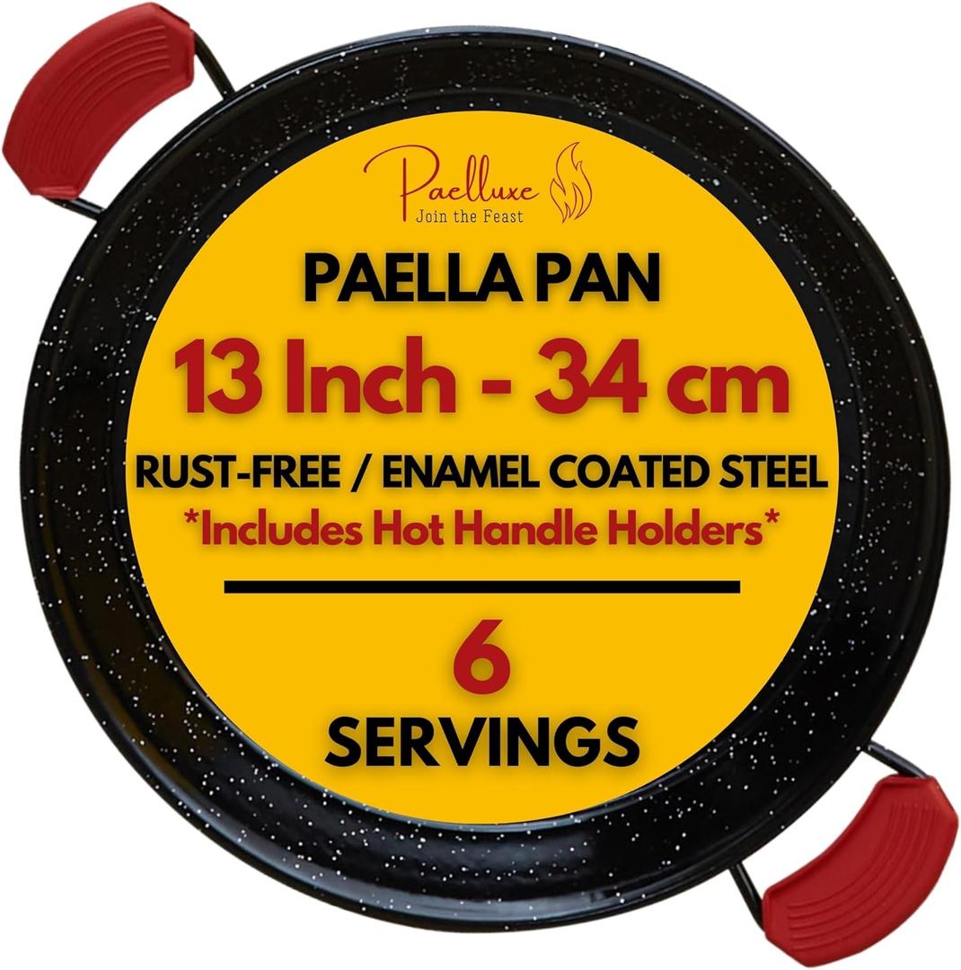 Paella Pan  Enamelled, No-Rust Steel Skillet  Easy-to-Clean Pan for Propane & Gas Burners  Indoor & Outdoor Cooking Cacerola Paellera Sarten  13 Inch, for 6 Servings