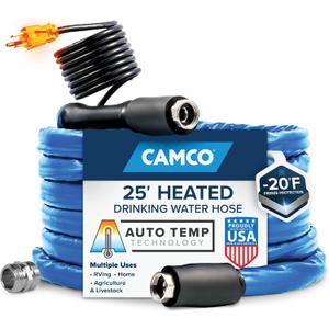 Camco 25-Ft Heated Water Hose for RV - Water Line Freeze Protection Down to -20F/-28C - Features Energy-Saving Thermostat & Includes Adapter for Connection to Either End of Hose (22911)