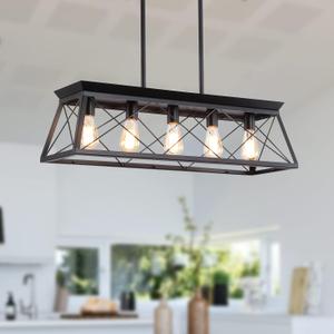 Farmhouse Chandeliers for Dining Room, Rustic Kitchen Island Light Fixture, 5-Light Linear Pendant Lighting Rectangular Chandelier, Metal Solid Ceiling Lights Black