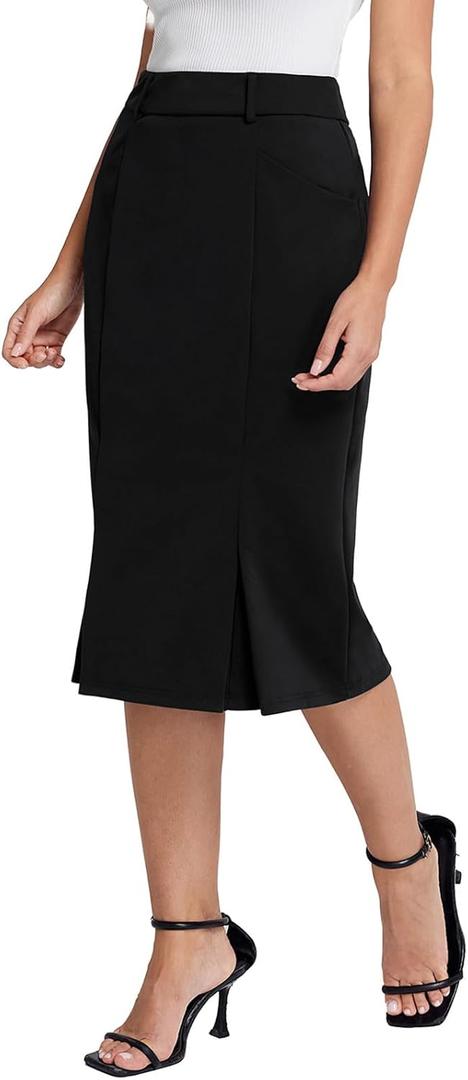 Belle Poque Women Pencil Skirt High Waisted Midi Pencil Skirt with Pockets (X-Large, Black)