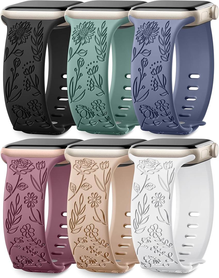 SNBLK 6 Pack Floral Engraved Bands Compatible with Apple Watch Bands  Women Men, Silicone Flower Pattern Strap for iWatch Series 11 10, Size: 38mm/40mm/41mm/(42mm-Series 11 10)