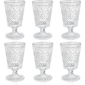 ZAVOOS Set of 6 Clear Glass Goblet, 12 Oz Vintage Romantic Wine Glasses, Embossed Floral Glass Cups Set, Bar Tumbler Drinking Glassware for Iced Tea, Wine, Beer, Juice, Cocktail, Whiskey