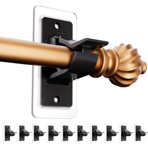 No Drill Curtain Rod Brackets, 10-Pack Self-Adhesive Curtain Rod Holders, Nail-Free Adjustable Hooks for 0.5-1.18 Inch Poles, Heavy-Duty Black Curtain Rod Hangers