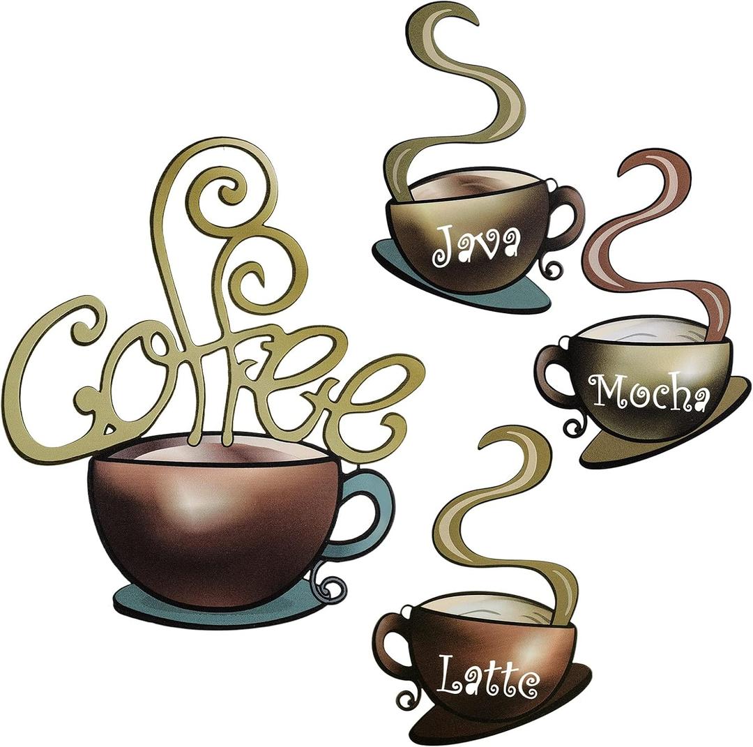 Hotop 4 Pieces Metal Coffee Cup Wall Decor Coffee Bar Decor Cafe Themed Wall Art Decoration Vintage Cup Signs for Kitchen Decorations Shop Restaurant Lounge Decorations(Brown)