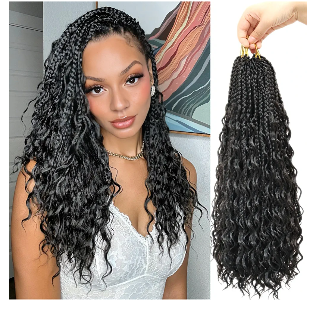 Goddess Box Braids Pure Protein Fiber Close to Human Hair 18 Inch 8 Packs Boho Crochet Braid with Soft Curls Bohemian Braids Crochet Hair for Black Women (18Inch,1B)