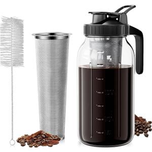 Cold Brew Coffee Maker 64oz, Iced Coffee Maker with 304 Stainless Steel Filter, Mason Jar Pitcher with Lid and Spout (Black)