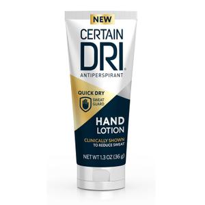 Certain Dri Antiperspirant Hand Lotion, 24-Hour Sweat Protection for Excessive Sweating & Palmar Hyperhidrosis, Fast-Drying, Non-Greasy, Fragrance-Free Formula, Dermatologist-Tested, 1.3 oz