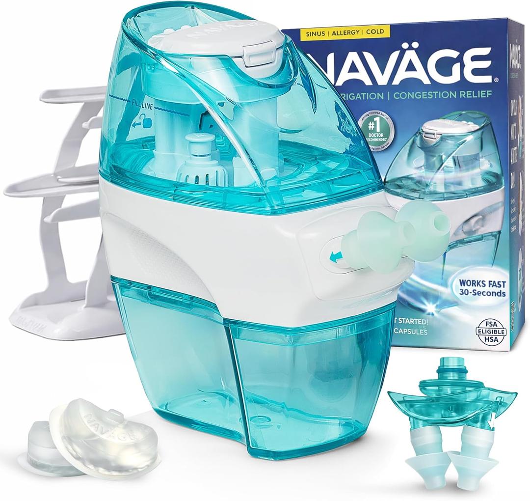 Navage Nasal Irrigation System Premium Bundle, Nasal Rinse, Congestion Relief, 30 Seconds Sinus Cleaner w/ 90 SaltPods. 2 Nose Docks, 4 Pillows & Batteries, Powered Sinus Rinse System 