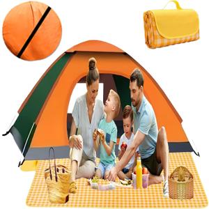 Pop Up Camping Tent, Instant Pop Up Tent for 2 Person with 80"x 60" Picnic Mat, Portable Automatic Waterproof Easy Setup Quick-open Tent, Outdoor Camping Beach Travel (2 Person, Green+Orange)